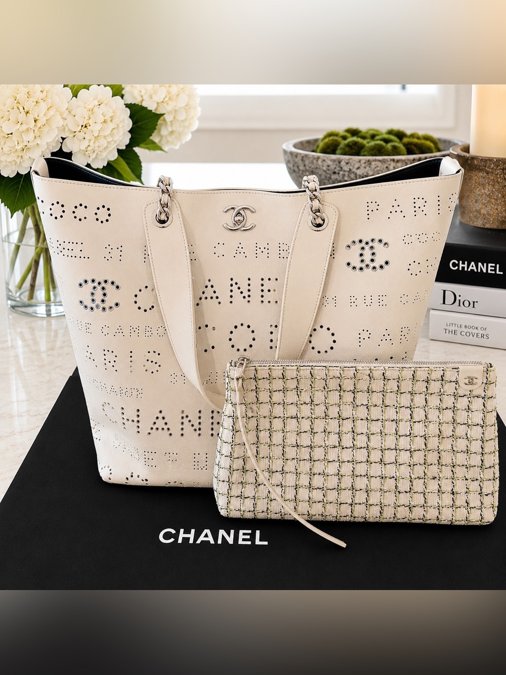 CHANEL Deauville Perforated Leather Tote 
W/ Matching Tweed clutch & Duster